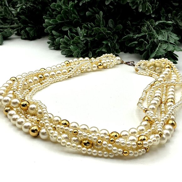 Multi-Strand Faux Pearl & Gold Beaded Necklace With Lobster Clasp Closure - Picture 1 of 4